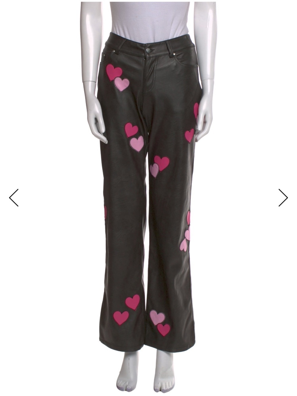 I AM GIA Womenโs Black faux Leather PANTS with Pink Heart Appliquรฉs
